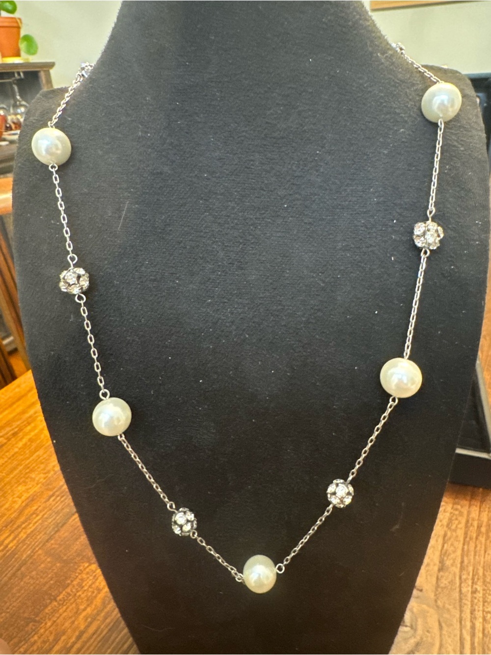 Silver Tone Faux Pearl Rhinestone Station Long Necklace Elegant Costume Jewelry